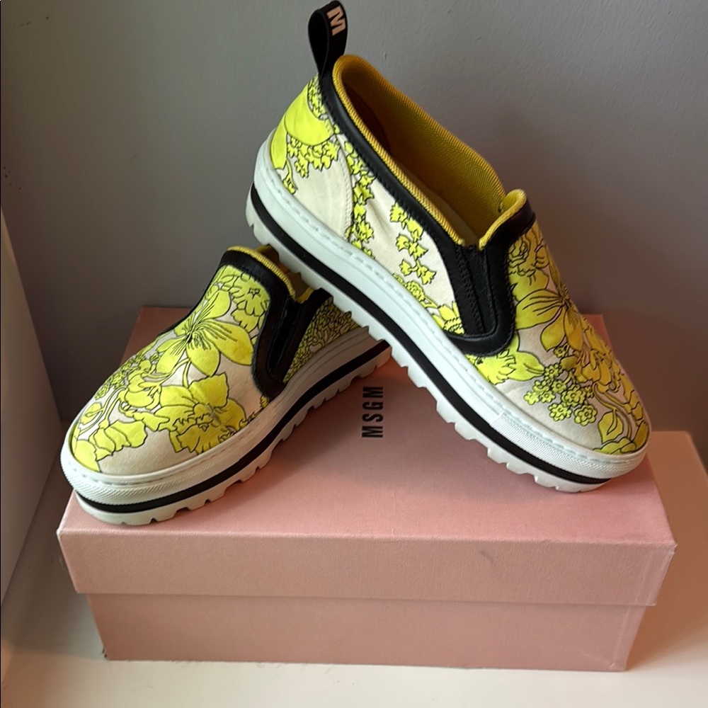 MSGM Neon Yellow Floral Slip-Ons